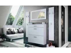 Vladon Mueble recibidor Malea, Mueble de entrada compuesto por 1 Zapatero colgante, 1 Espejo de pared y 2 Percheros, Blanco mate/Blanco mate