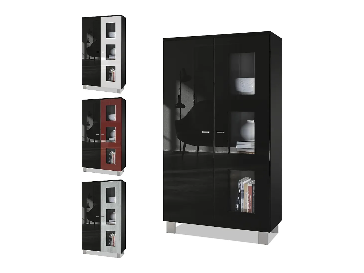 Vladon Vitrina Denjo, Cristalera con 2 Puertas y 3 Estantes de cristal, Negro mate/Negro de alto brillo/Hormigón oxidado (71 x 129 x 35 cm)