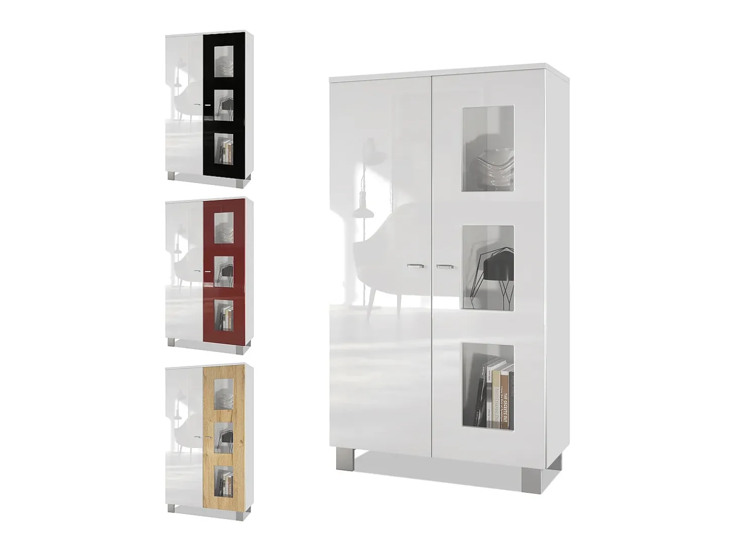 Vladon Vitrina Denjo, Cristalera con 2 Puertas y 3 Estantes de cristal, Blanco mate/Blanco de alto brillo/Roble natural (71 x 129 x 35 cm)