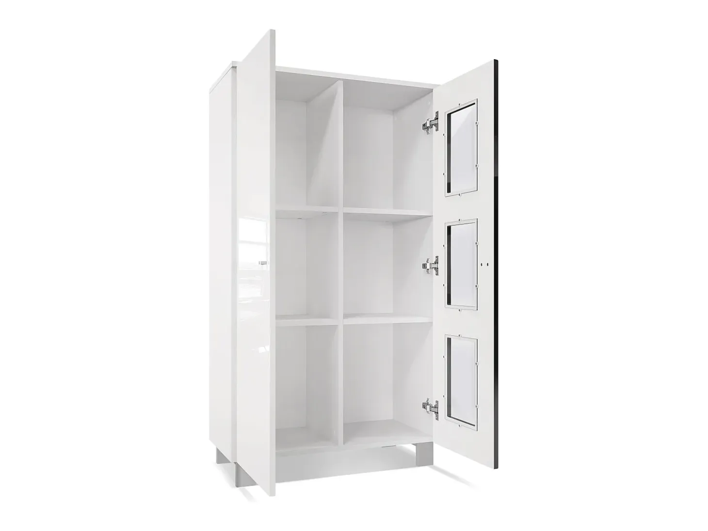 Vladon Vitrina Denjo, Cristalera con 2 Puertas y 3 Estantes de cristal, Blanco mate/Blanco de alto brillo/Roble natural (71 x 129 x 35 cm)
