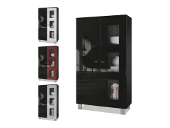 Vladon Vitrina Denjo, Cristalera con 2 Puertas y 3 Estantes de cristal, Negro mate/Negro de alto brillo/Roble natural, incluida iluminación LED (71 x 129 x 35 cm)