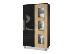 Vladon Vitrina Denjo, Cristalera con 2 Puertas y 3 Estantes de cristal, Negro mate/Negro de alto brillo/Roble natural, incluida iluminación LED (71 x 129 x 35 cm)