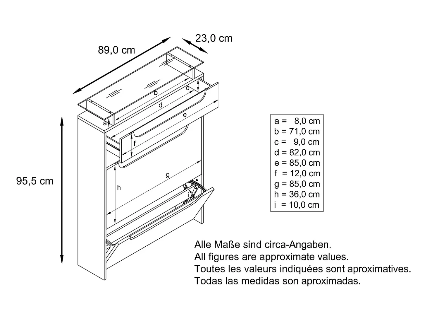 Vladon Zapatero Annie para 16 pares de zapatos con 2 Puertas abatibles y Estante de cristal, Blanco mate/Blanco de alto brillo (89 x 96 x 23 cm)