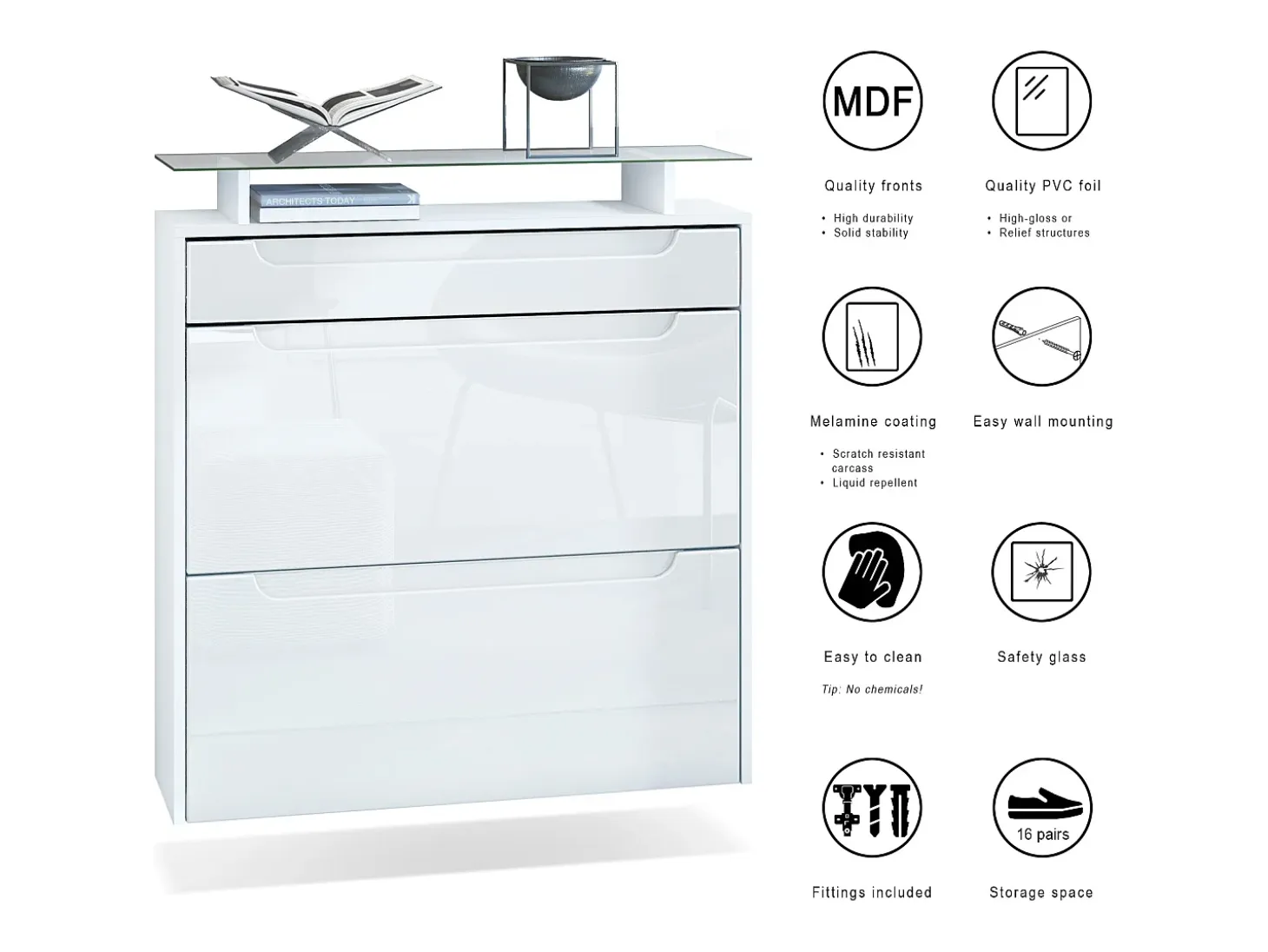 Vladon Zapatero Annie para 16 pares de zapatos con 2 Puertas abatibles y Estante de cristal, Blanco mate/Blanco de alto brillo (89 x 96 x 23 cm)