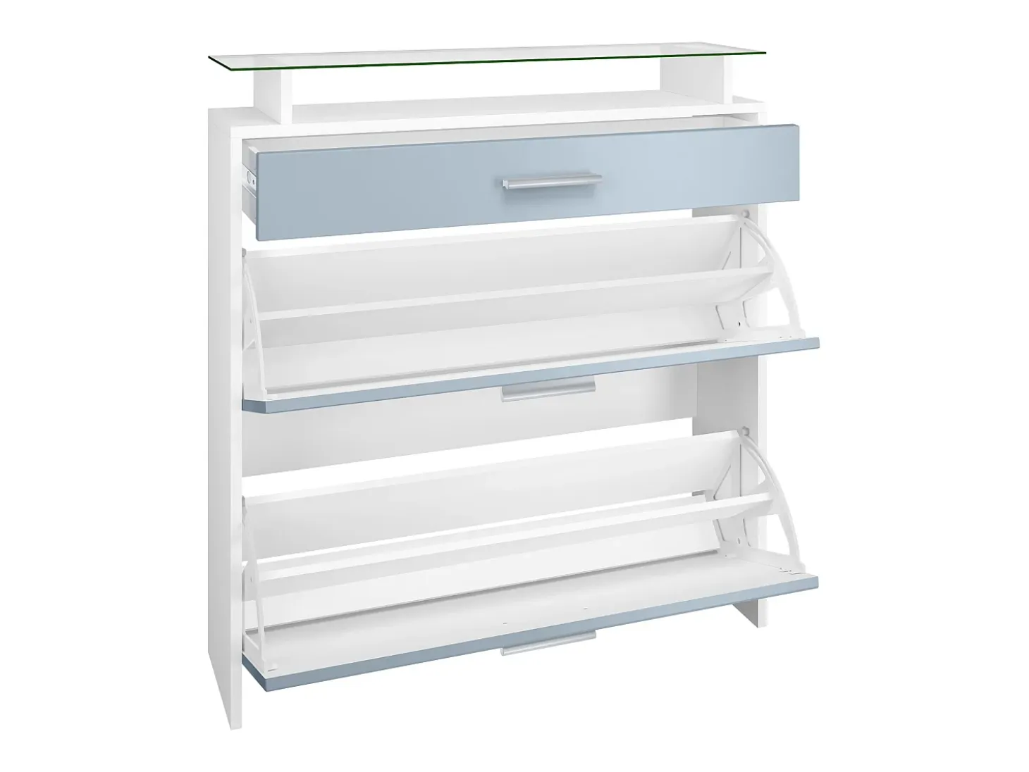 Vladon Zapatero Malea, Zapatero Colgante para 16 pares de zapatos con 2 Puertas abatibles y 1 Cajón y Estante de cristal, Blanco mate/Negro mate (89 x 96 x 23 cm)