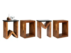 WOMO-DESIGN Mesa auxiliar lateral 45x30x60cm mesita cuadrada de madera de acacia y patas de metal en N para salón rústico industrial, hecha a mano