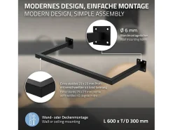 3x Perchero de pared negro para vestidor/armario barra para ropa/toallas 60x30cm