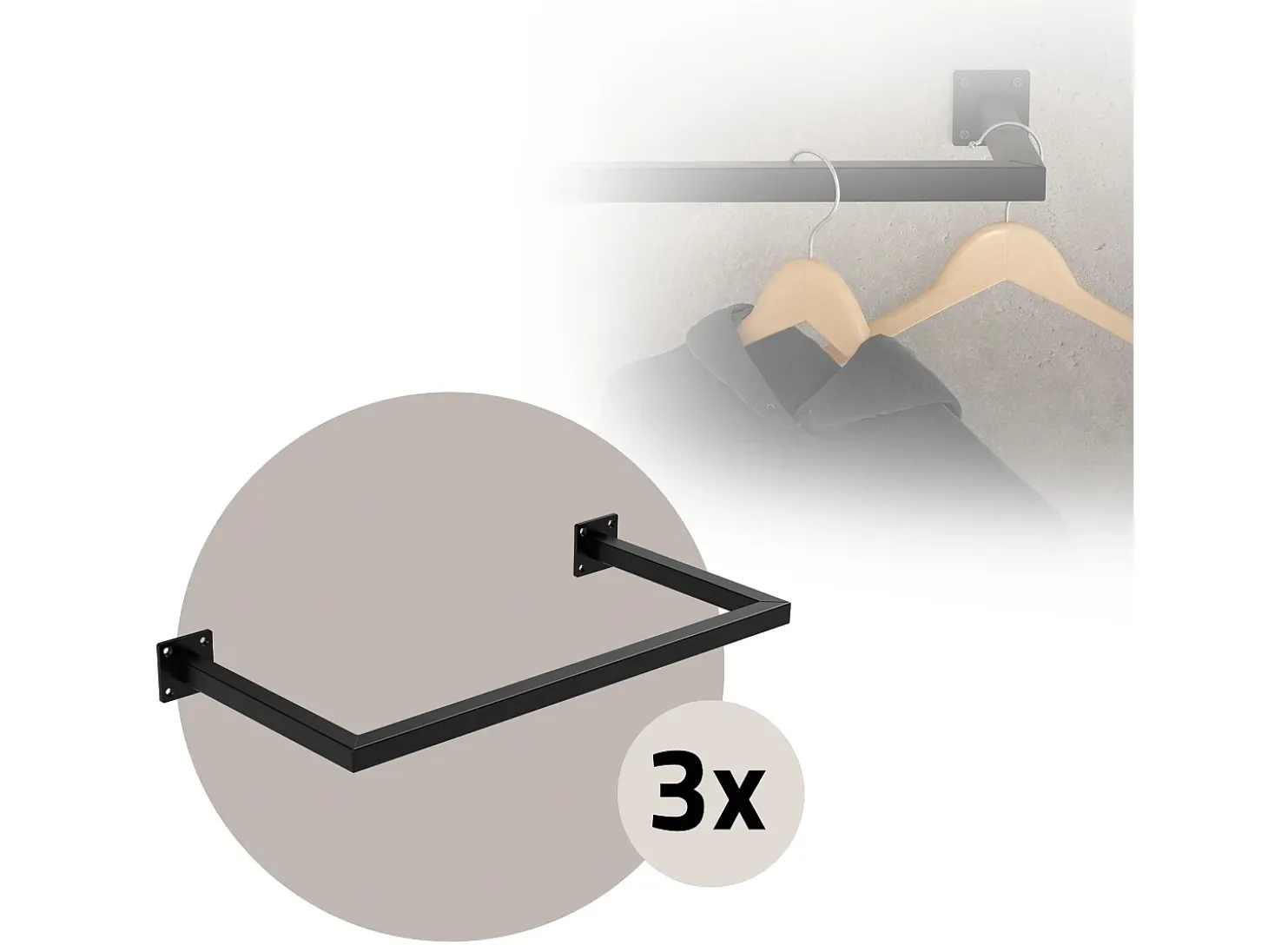 3x Perchero de pared negro para vestidor/armario barra para ropa/toallas 60x30cm
