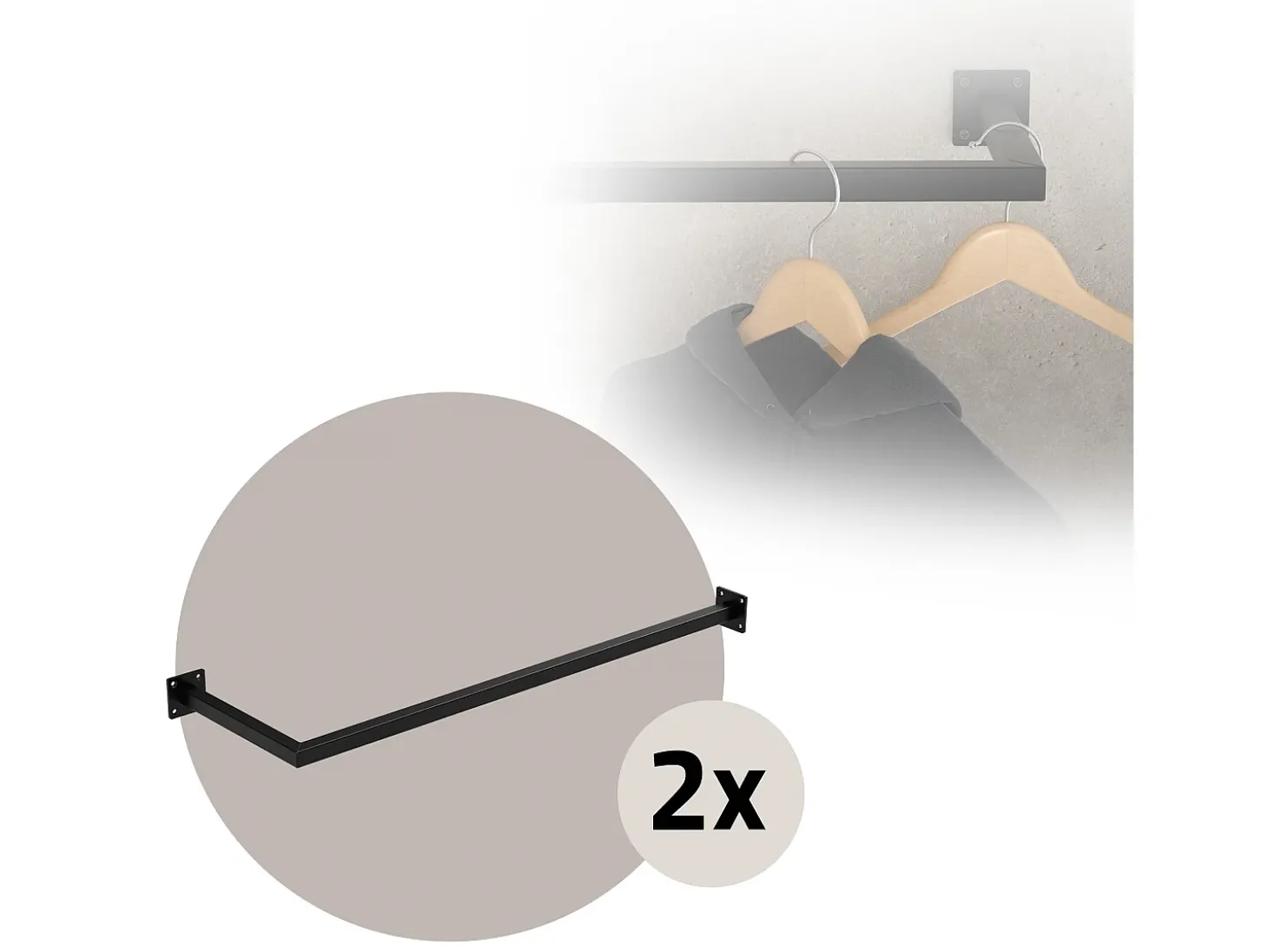 2x Percheros de pared para esquina 90 x 30 cm negro en forma de L para vestidor