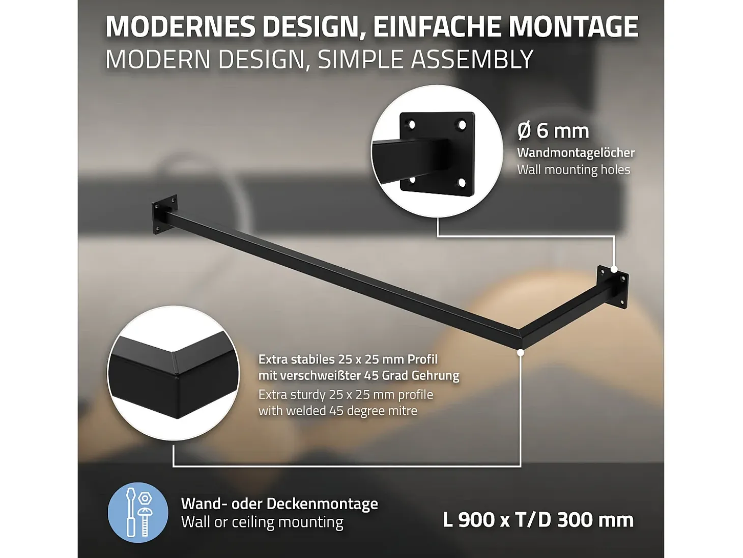 2x Percheros de pared para esquina 90 x 30 cm negro en forma de L para vestidor