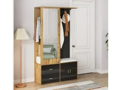 Zapatero + banco + armario con espejo - 2 puertas y 2 cajones - 100x38x180cm - Tablero de partículas - Negro y natural