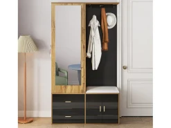 Zapatero + banco + armario con espejo - 2 puertas y 2 cajones - 100x38x180cm - Tablero de partículas - Negro y natural