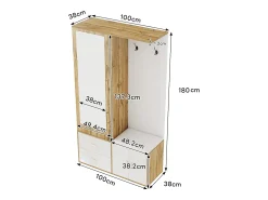 Zapatero + banco + armario con espejo - 2 puertas y 2 cajones - 100x38x180cm - Tablero de partículas - Blanco y natural