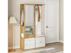 Zapatero + banco + armario con espejo - 2 puertas y 2 cajones - 100x38x180cm - Tablero de partículas - Blanco y natural