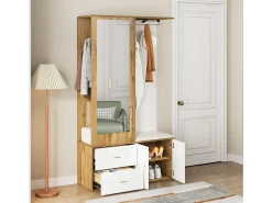 Zapatero + banco + armario con espejo - 2 puertas y 2 cajones - 100x38x180cm - Tablero de partículas - Blanco y natural
