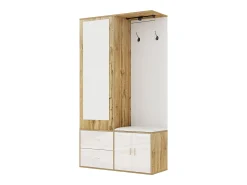 Zapatero + banco + armario con espejo - 2 puertas y 2 cajones - 100x38x180cm - Tablero de partículas - Blanco y natural