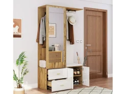 Zapatero + banco + armario con espejo - 2 puertas y 2 cajones - 100x38x180cm - Tablero de partículas - Blanco y natural