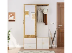 Zapatero + banco + armario con espejo - 2 puertas y 2 cajones - 100x38x180cm - Tablero de partículas - Blanco y natural