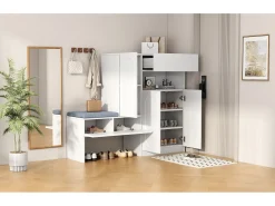 Zapatero 2 en 1 - 130 x 35 x 110 cm - con 3 puertas + banco acolchado - aglomerado - blanco