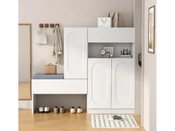 Zapatero 2 en 1 - 130 x 35 x 110 cm - con 3 puertas + banco acolchado - aglomerado - blanco