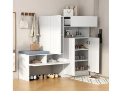 Zapatero 2 en 1 con puertas arqueadas, cierre suave, estantes regulables y banco acolchado, blanco (130x35x110 cm)