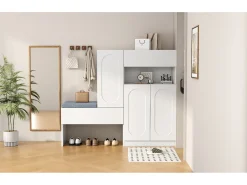 Zapatero 2 en 1 con puertas arqueadas, cierre suave, estantes regulables y banco acolchado, blanco (130x35x110 cm)