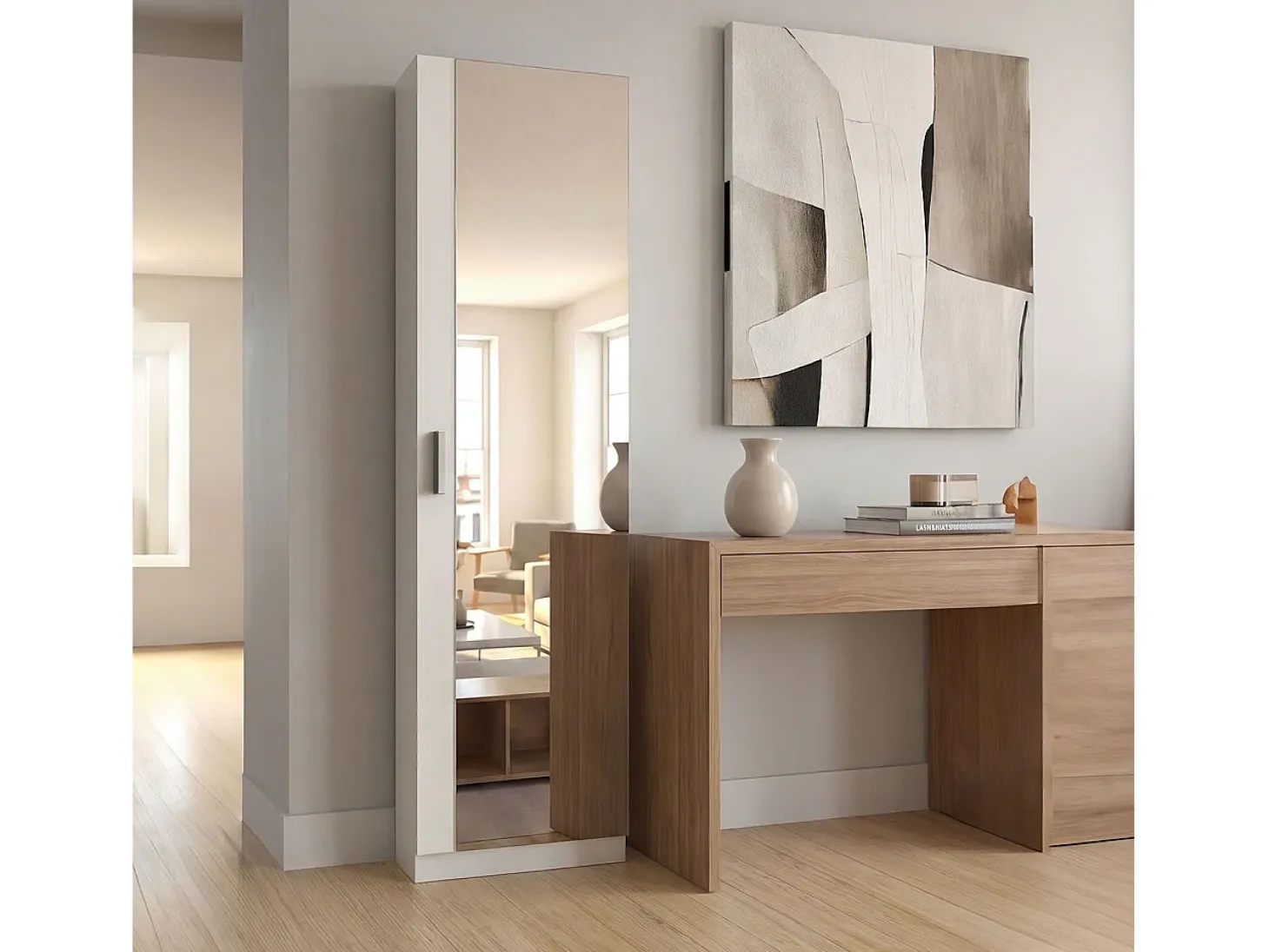 Zapatero alto de 1 puerta con espejo en blanco brillo 180x50 cm Roma Blanco Brillo