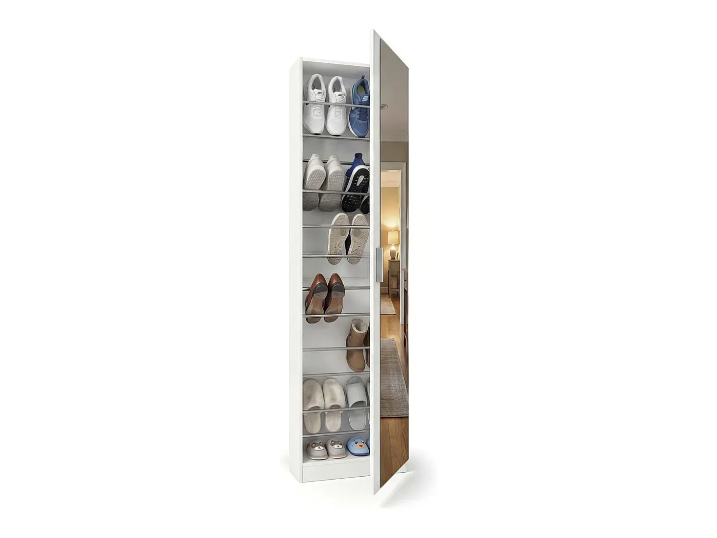 Zapatero alto de 1 puerta con espejo en blanco brillo 180x50 cm Roma Blanco Brillo