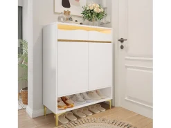 Zapatero blanco - Zapatero con 2 puertas y 2 cajones - iluminación LED y almacenaje abierto - para salones y entradas