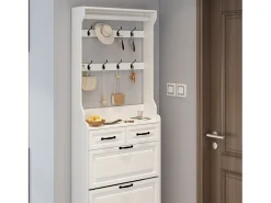 Zapatero blanco - Zapatero con 2 cajones y 3 puertas - 8 ganchos - para entrada y dormitorio