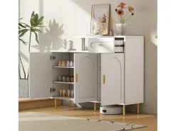 Zapatero blanco con 1 cajón y 3 puertas, tiradores y patas de metal dorado