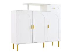 Zapatero blanco con 1 cajón y 3 puertas, tiradores y patas de metal dorado