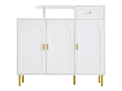 Zapatero blanco con 1 cajón y 3 puertas, tiradores y patas de metal dorado