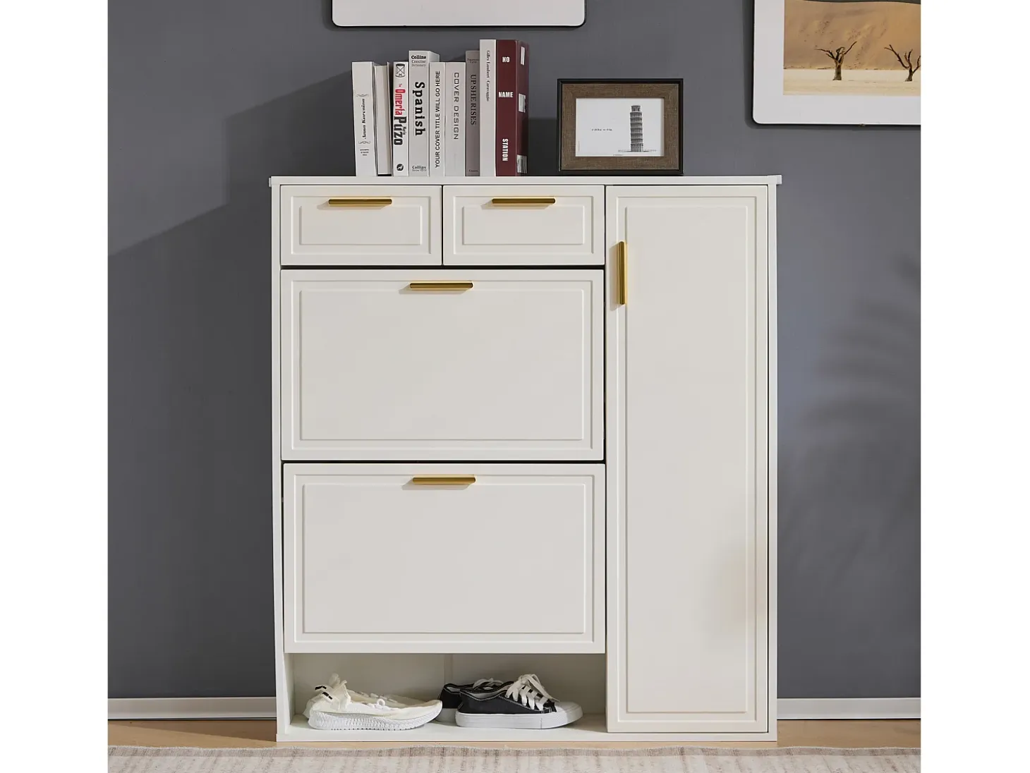 Zapatero blanco con 2 cajones, 2 aletas y 1 puerta 95x24x107cm