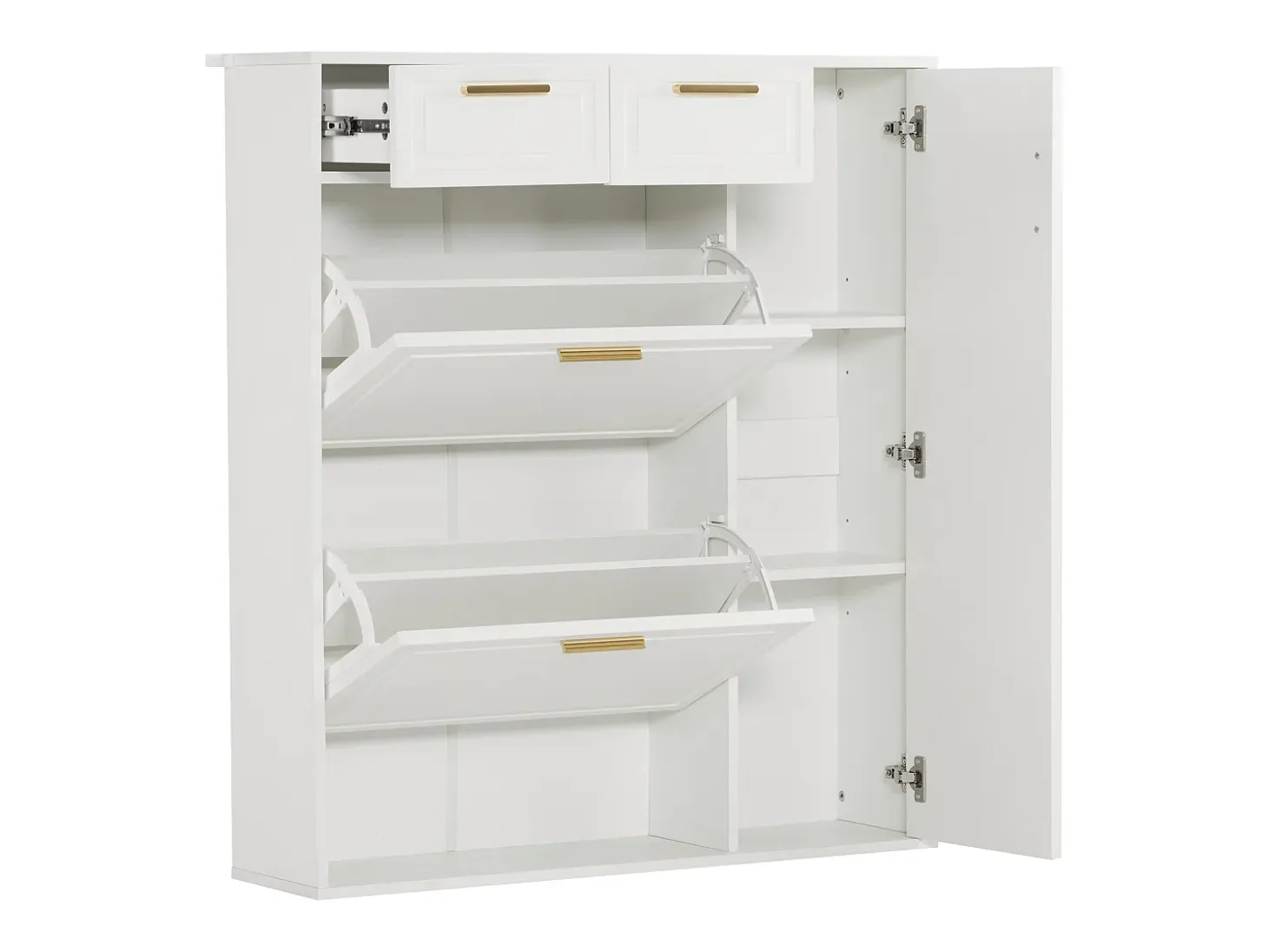 Zapatero blanco con 2 cajones, 2 aletas y 1 puerta 95x24x107cm