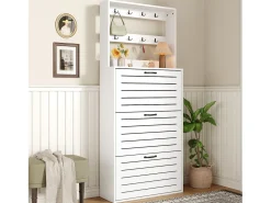 Zapatero blanco con 3 puertas y 8 ganchos - Ideal para entradas y pasillos
