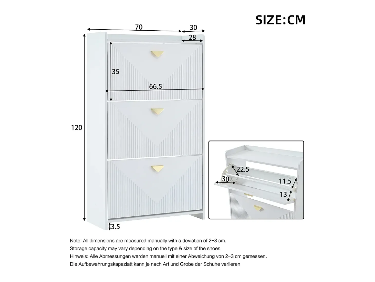 Zapatero blanco con 3 puertas abatibles y 6 compartimentos