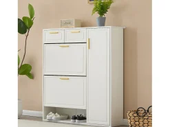 Zapatero blanco con estantes, cajones y puertas ajustables, con tiradores dorados - para la entrada