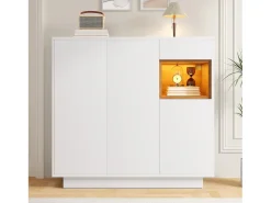 Zapatero blanco con iluminación LED - Zapatero de 3 puertas y 1 cajón - Estantes regulables