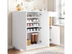 Zapatero blanco con iluminación LED - Zapatero de 3 puertas y 1 cajón - Estantes regulables