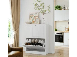Zapatero blanco, diseño moderno mid-century, con 2 cajones abatibles, ideal para entrada y pasillo (60x24x80 cm)