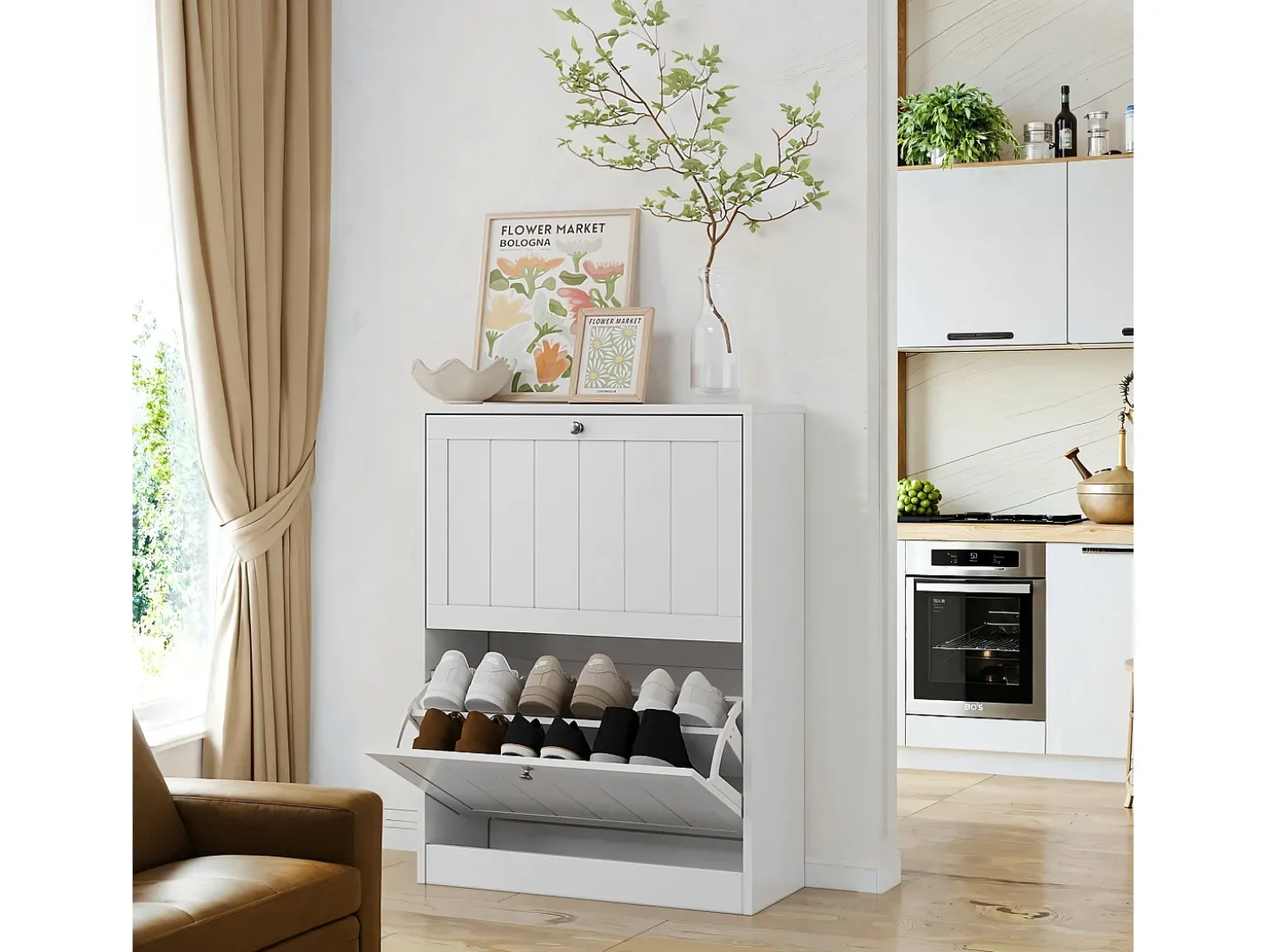 Zapatero blanco, diseño moderno mid-century, con 2 cajones abatibles, ideal para entrada y pasillo (60x24x80 cm)