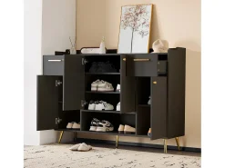 Zapatero con 2 cajones y 4 puertas - 130 x 37 x 100 cm - patas de metal y tablero de partículas - Negro