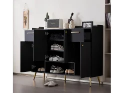 Zapatero con 2 cajones y 4 puertas - 130 x 37 x 100 cm - patas de metal y tablero de partículas - Negro
