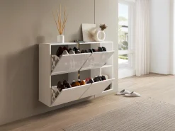 Zapatero con 4 compartimentos abatibles y 2 nichos - Blanco y dorado - MARZIALO