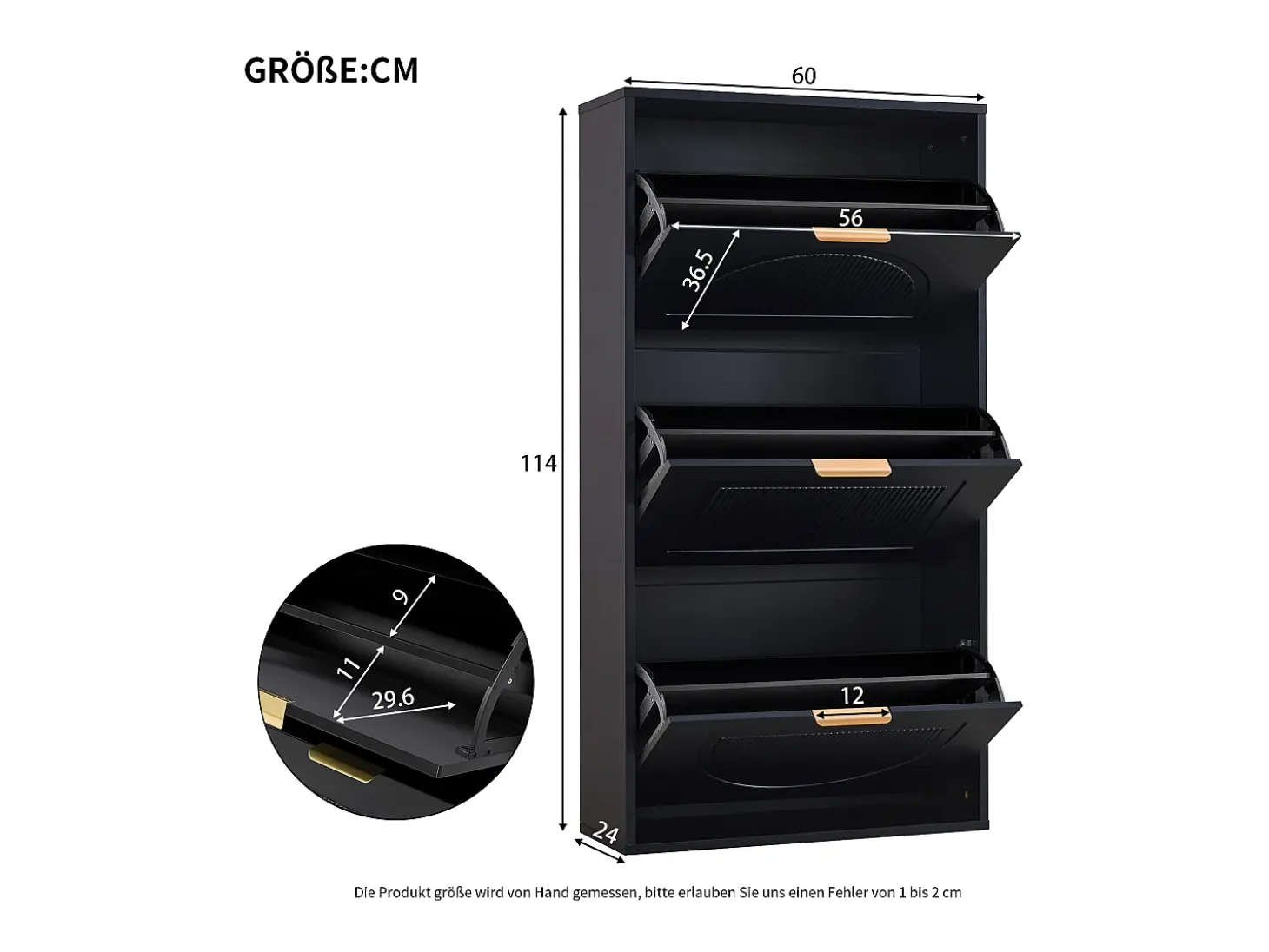 Zapatero con 3 puertas - Negro 60 x 24 x 114 cm