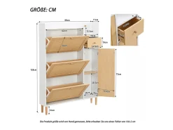Zapatero con 3 puertas abatibles y 1 cajón medidas 90 largo x 17 ancho x 125 alto cm imitación madera efecto caña de ratán color blanco + roble