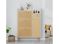 Zapatero con 3 puertas abatibles y 1 cajón medidas 90 largo x 17 ancho x 125 alto cm imitación madera efecto caña de ratán color blanco + roble