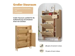 Zapatero con 3 puertas abatibles y 1 cajón, medidas 90 largo x 17 ancho x 125 alto cm imitación madera, efecto caña de ratán, color roble