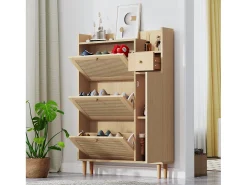 Zapatero con 3 puertas abatibles y 1 cajón, medidas 90 largo x 17 ancho x 125 alto cm imitación madera, efecto caña de ratán, color roble
